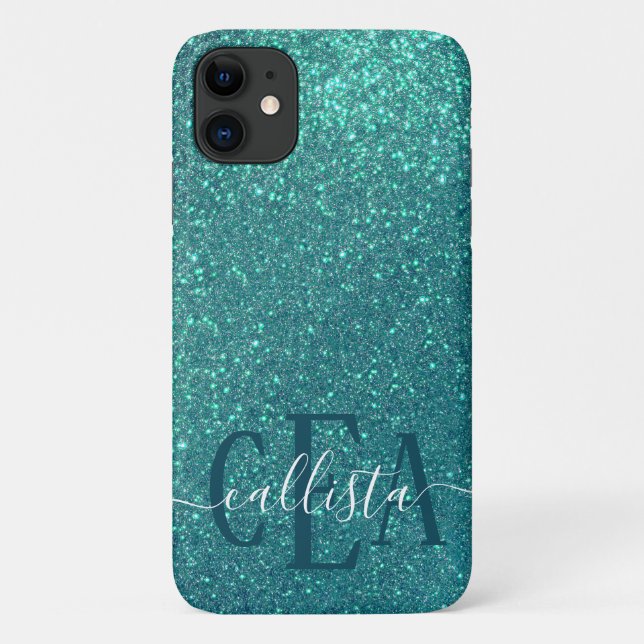 Chic Elegant Aquamarin Blue Funkelnd Glitzer Monog Case-Mate iPhone Hülle (Rückseite)