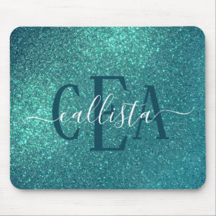 Chic Elegant Aquamarin Blue Funkelnd Glitzer Monog Mousepad
