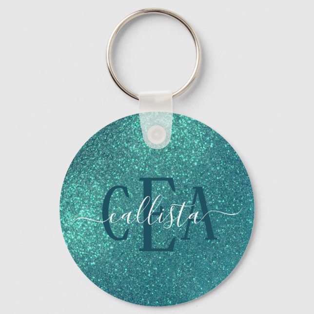 Chic Elegant Aquamarin Blue Funkelnd Glitzer Monog Schlüsselanhänger (Vorderseite)
