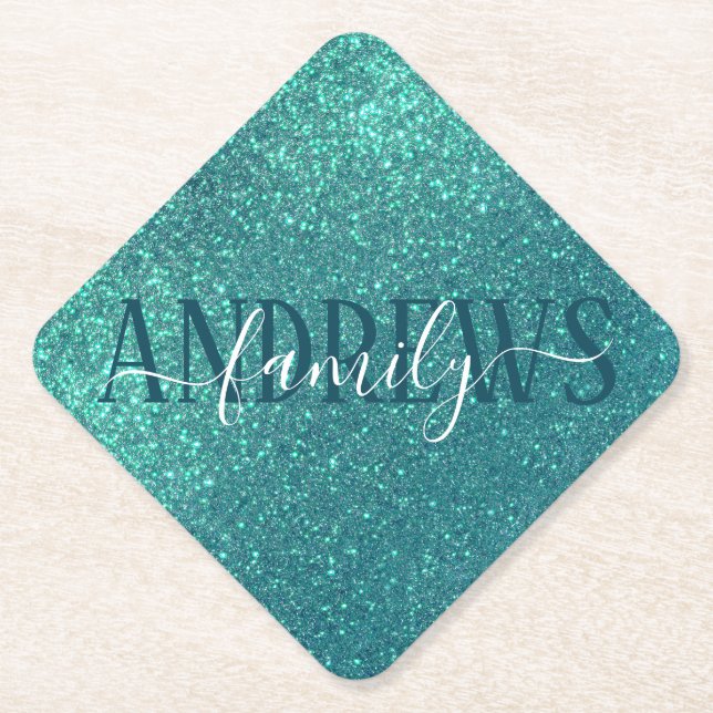 Chic Elegant Aquamarin Blue Funkelnd Glitzer Monog Untersetzer (Vorderseite)