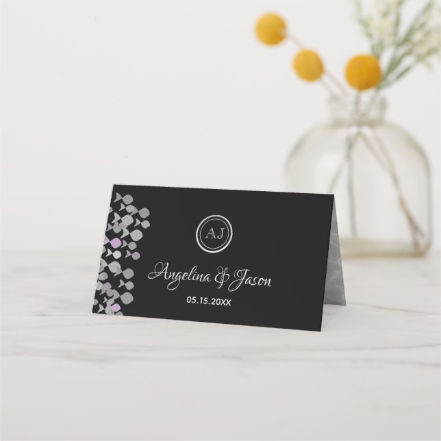 Chic Elegant Black & Silver Ocean Themed Wedding Platzkarte (Rückseite)