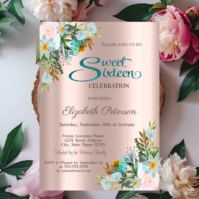 Chic Elegant Blume Rose Gold Sweet 16 Einladung (Von Creator hochgeladen)