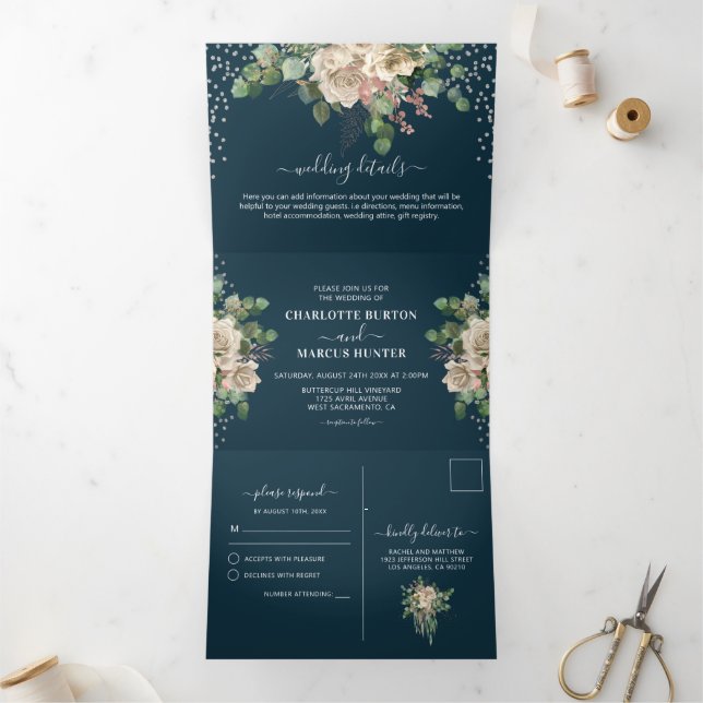 Chic Elegant Blush Florals & Navy Tri-Fold Mariage (Intérieur)