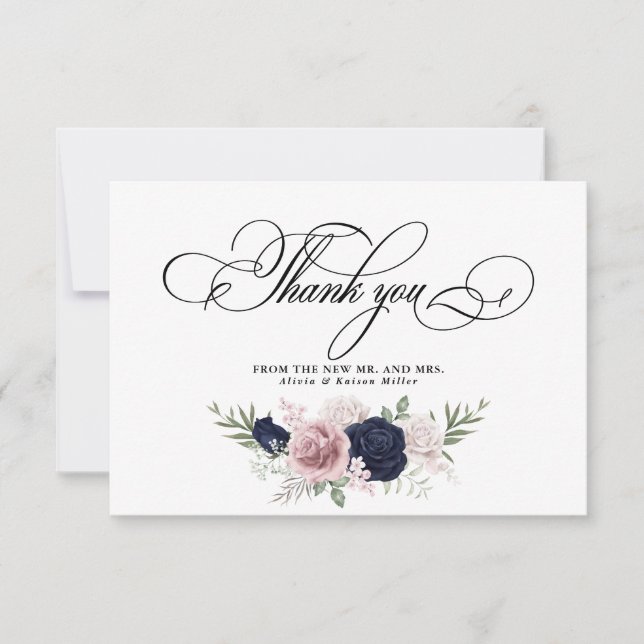 Chic Elegant Blush Navy Blue Wedding Dankeskarte (Vorderseite)