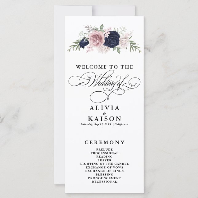 Chic Elegant Blush Navy Blue Wedding Program (Vorderseite)