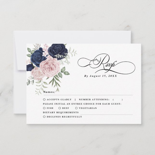 Chic Elegant Blush Navy Blue Wedding RSVP Karte (Vorderseite)