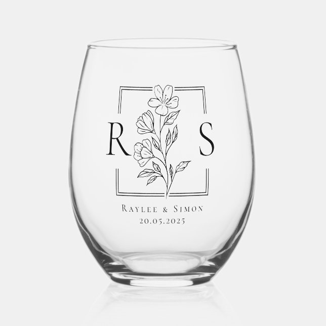 Chic Elegant Boho Floral Mit Monogramm Initial Weinglas Ohne Stiel (Vorderseite)