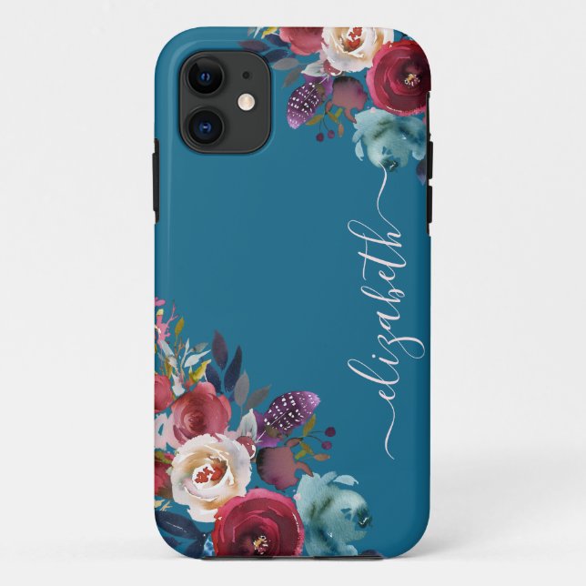 Chic Elegant Burgundy Pink Navy Blumenname Case-Mate iPhone Hülle (Rückseite)