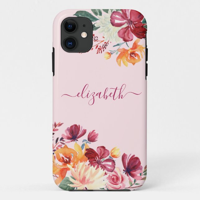 Chic Elegant Burgundy Pink Orange Blumenname Case-Mate iPhone Hülle (Rückseite)