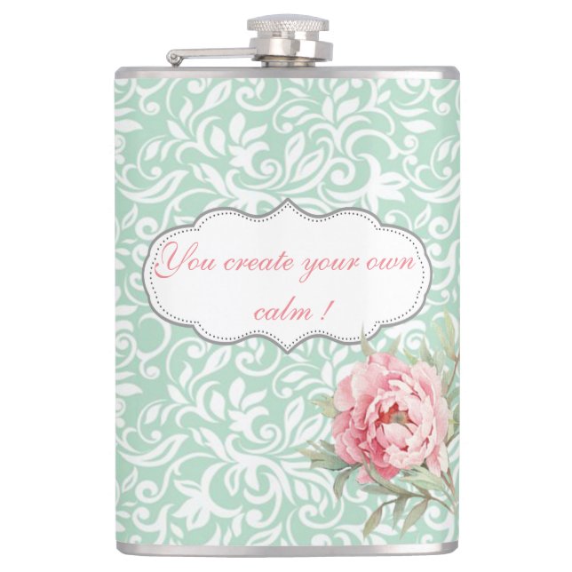 Chic Elegant Damask, Rose, Motivierend Nachricht Flachmann (Vorderseite)