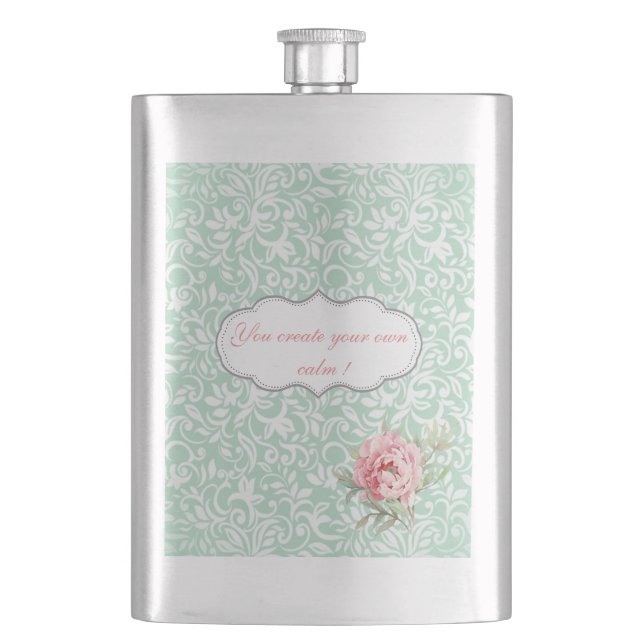 Chic Elegant Damask, Rose, Motivierend Nachricht Flachmann (Vorderseite)