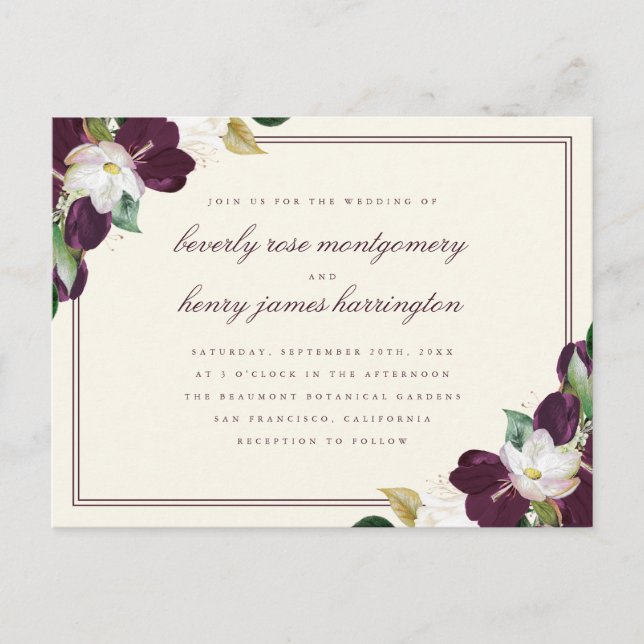Chic Elegant Deep Lila & Elfenbeinblütenhochzeit Einladungspostkarte (Vorderseite)