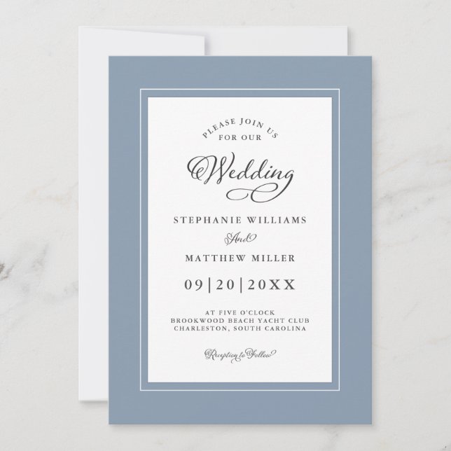 Chic Elegant Dusty Blue Wedding Modern Borders Einladung (Vorderseite)
