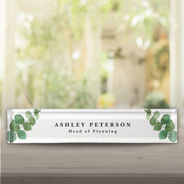 Chic Elegant Eukalyptus-Blätter Namensplakette (Chic Elegant Eucalyptus Leaves Desk Name Plate)