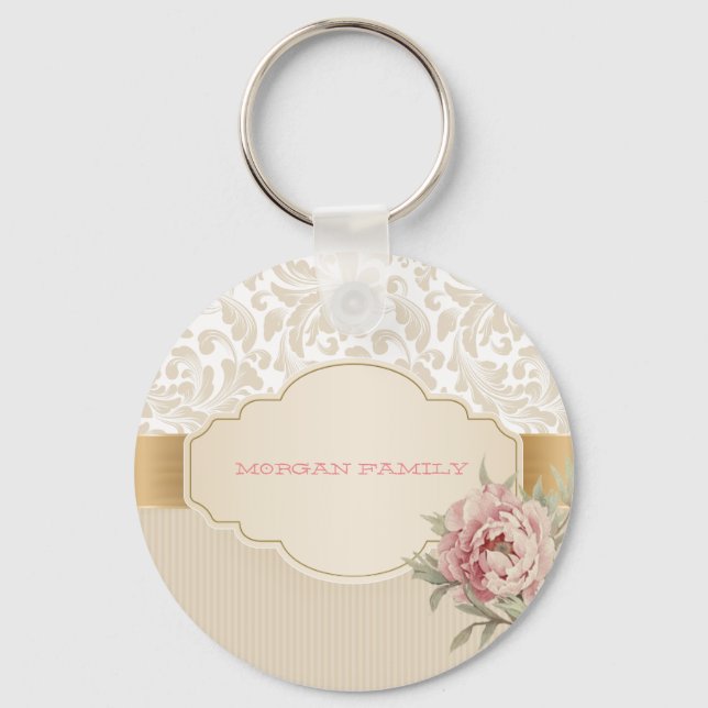 Chic Elegant Floral Damask Rose Schlüsselanhänger (Vorderseite)
