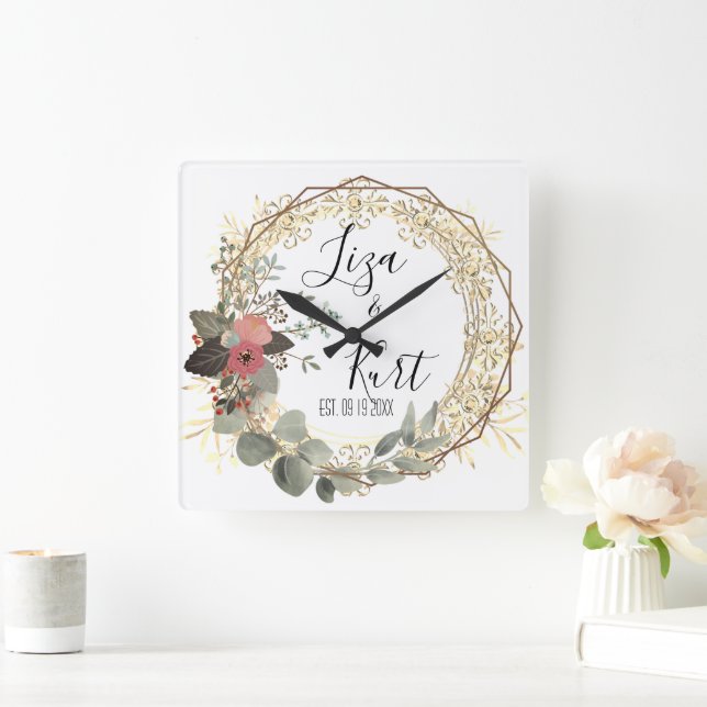 Chic Elegant Floral Wreath Wedding       Quadratische Wanduhr (Zuhause)