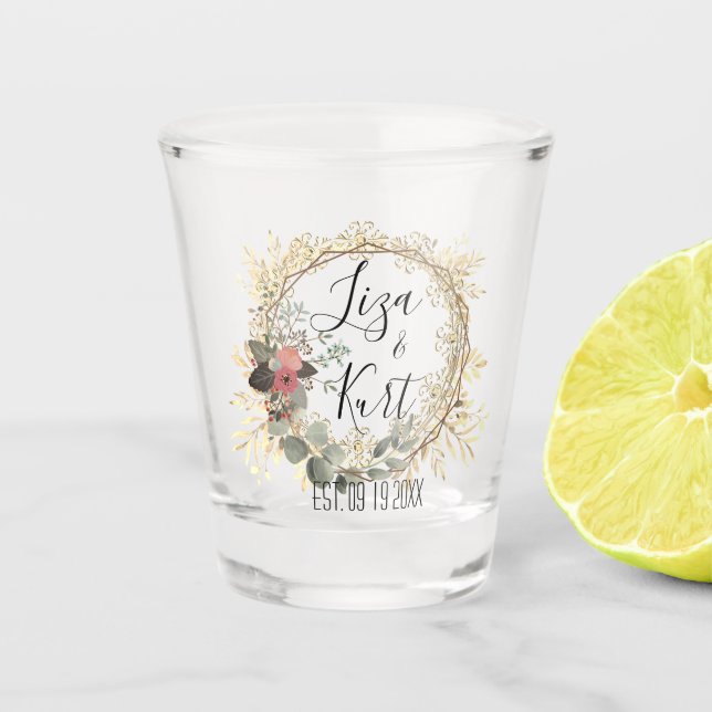 Chic Elegant Floral Wreath Wedding Schnapsglas (Vorderseite)