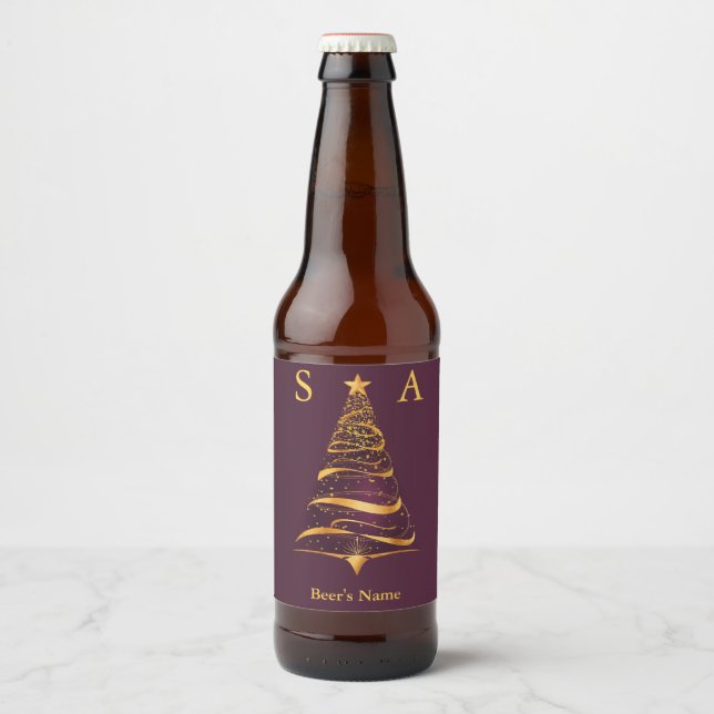 Chic Elegant Gold Christmas Tree Monogram Wedding Bierflaschenetikett (Vorderseite)