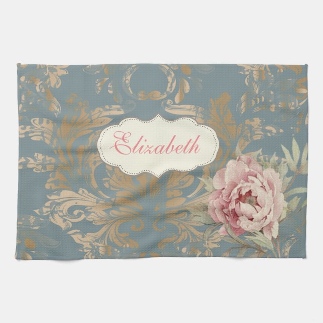 Chic Elegant Gold Damask Rose Geschirrtuch (Horizontal)