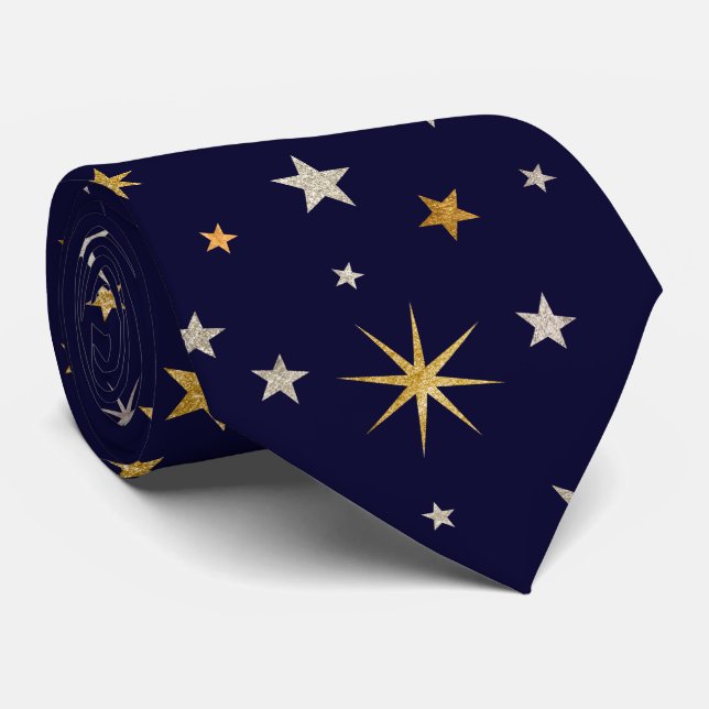 Chic Elegant Gold Silver Stars Navy Blue Monogram Krawatte (Gerollt)