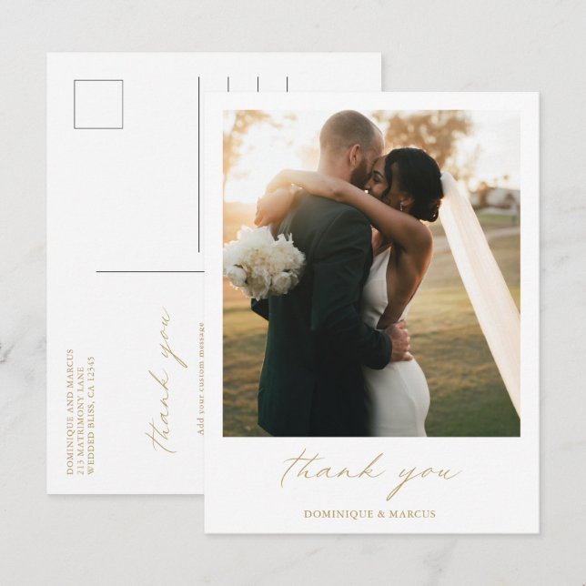 Chic Elegant Gold Simple Foto Wedding Vielen Dank Postkarte (Vorne/Hinten)