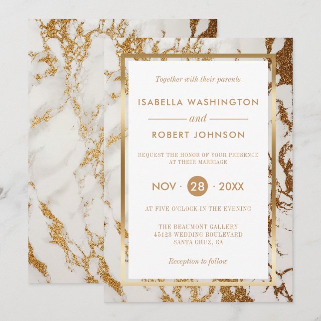Chic Elegant Gold & White Marmor Moderne Hochzeit Einladung (Vorne/Hinten)