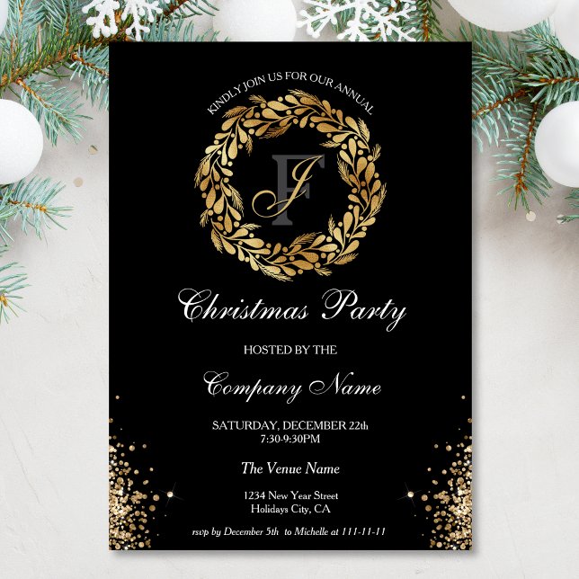 Chic Elegant Gold Wreath Weihnachtsfest im Unterne Einladung (gold glitter christmas wreath)