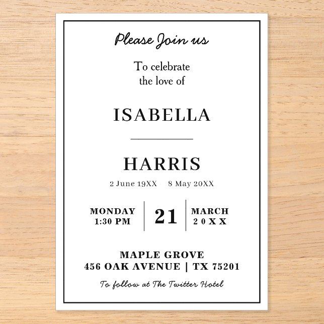 Chic Elegant Memorial Service Design Acryleinladungen (Vorderseite)
