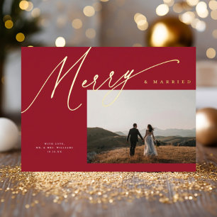 Chic Elegant Merry & Verheiratet Ein Foto Rot + Go Folien Feiertagskarte