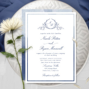 Chic Elegant Monogram Navy Blue Watercolor Wedding Einladung