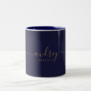 Chic Elegant Navy Blue Gold Script Zweifarbige Tasse
