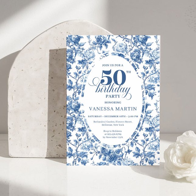 Chic Elegant Navy Toile de Jouy Rose 50th Birthday Einladung (Chic Elegant Navy Toile de Jouy Rose 50th Birthday Invitation)