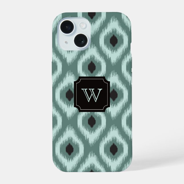 Chic Élégant Noir Menthe Diamant Ikat Monogramme (Verso)