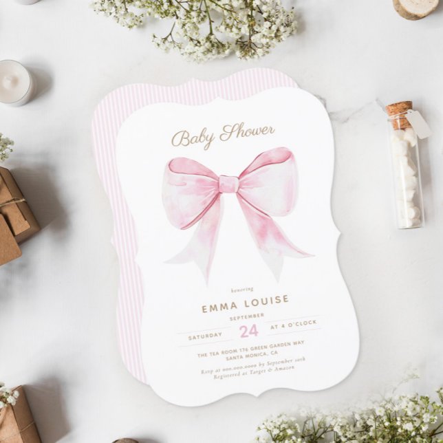Chic Elegant Pink Coquette Bow Baby Shower Girl Einladung (Von Creator hochgeladen)