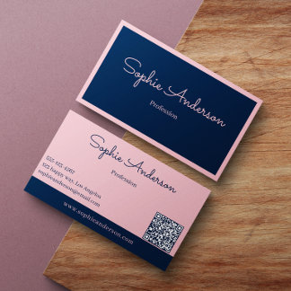 Chic Elegant Pink & Navy with QR Code  Visitenkarte