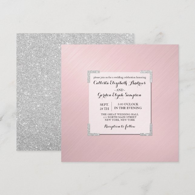 Chic Elegant Pink Silver Glitzer Metallic Wedding Einladung (Vorne/Hinten)