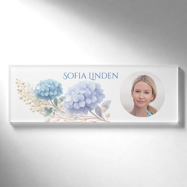 Chic Elegant Powder Blue Hydrangea Wasserfarbe Namenschild (Vorderseite)