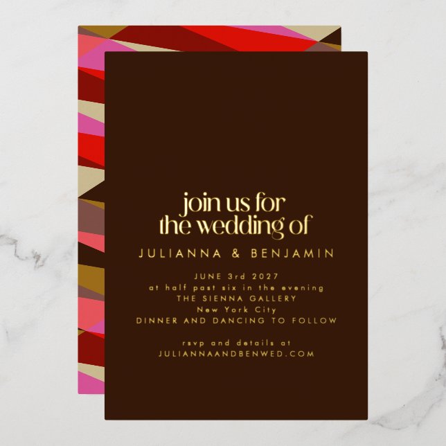 Chic Elegant Red Brown Geometric Wedding Gold Folieneinladung (Vorderseite/Rückseite)