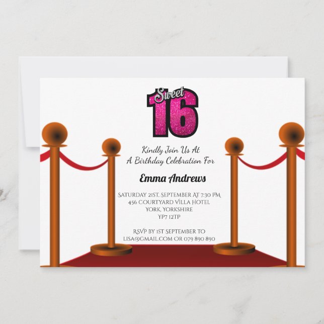 Chic Elegant Red Tepet Sweet 16 Party Einladung (Vorderseite)