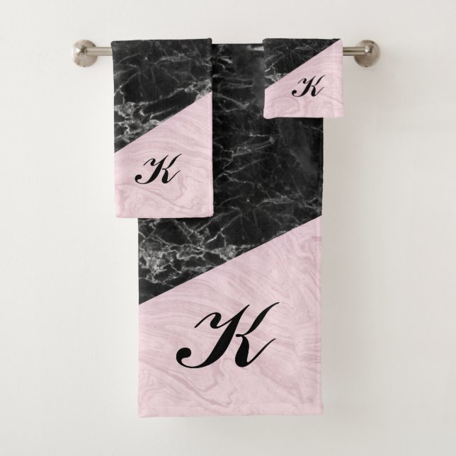 Chic Elegant Schwarz Rosa Marmor Mit Monogramm Badhandtuch Set (Insitu)