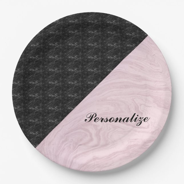 Chic Elegant Schwarz Rosa Marmor Personalisiert Pappteller (Vorderseite)