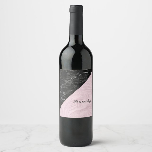 Chic Elegant Schwarz Rosa Marmor Personalisiert Weinetikett (Vorderseite)