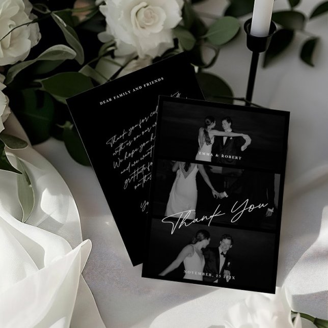 Chic Elegant Script Black 3 Foto Wedding Dankeskarte (Chic Elegant Script Black 3 Photo Wedding Thank You Card)