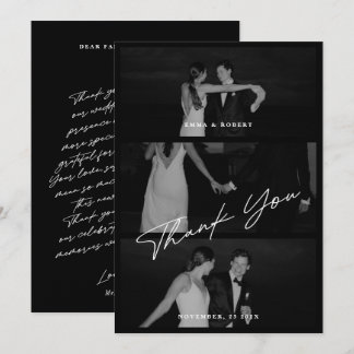 Chic Elegant Script Schwarz 3 Foto Hochzeit Dankeskarte