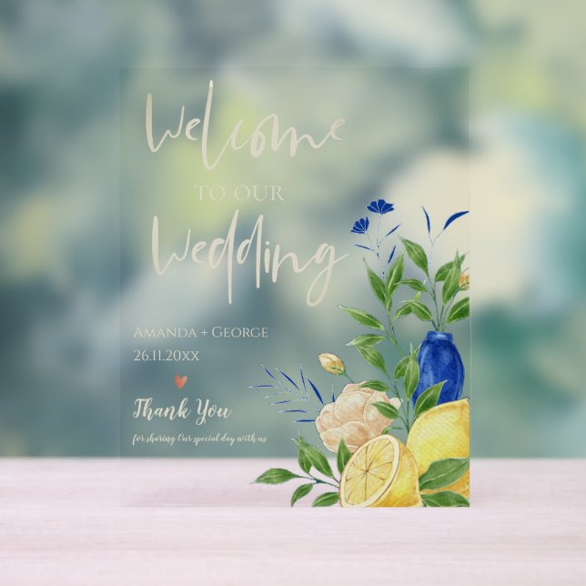 Chic Elegant Summer Lemon Floral Wedding Willkomme Acrylschild (Neutral)