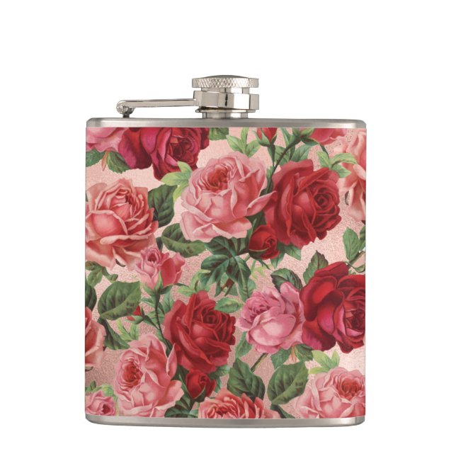 Chic Elegant Vintag Rosa Rote Rosen Blütenfarben Flachmann (Vorderseite)