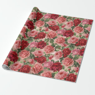 Chic Elegant Vintag Rosa Rote Rosen Blütenfarben Geschenkpapier