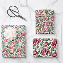 Chic Elegant Vintag Rosa Rote Rosen Blütenfarben Geschenkpapier Set