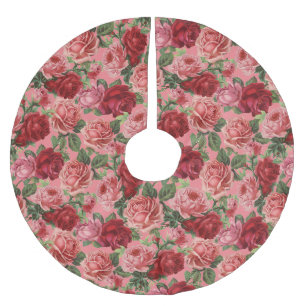 Chic Elegant Vintag Rosa Rote Rosen Blütenfarben Polyester Weihnachtsbaumdecke