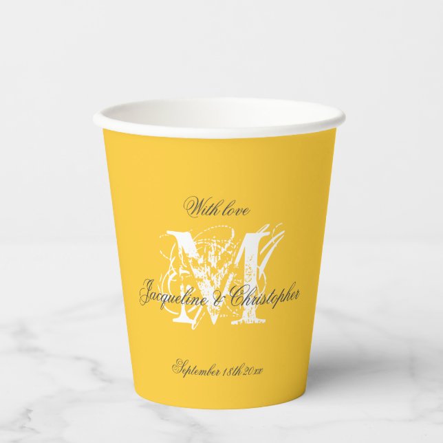 Chic Elegant Wedding Monogram + Name Niedlich gelb Pappbecher (Vorderseite)